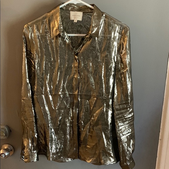 Sezane perrine chemise Metallic Gold silk Button-Up Shirt - Picture 2 of 5